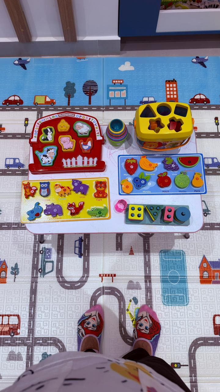 Brinquedos pedagógicos e tapete lúdico